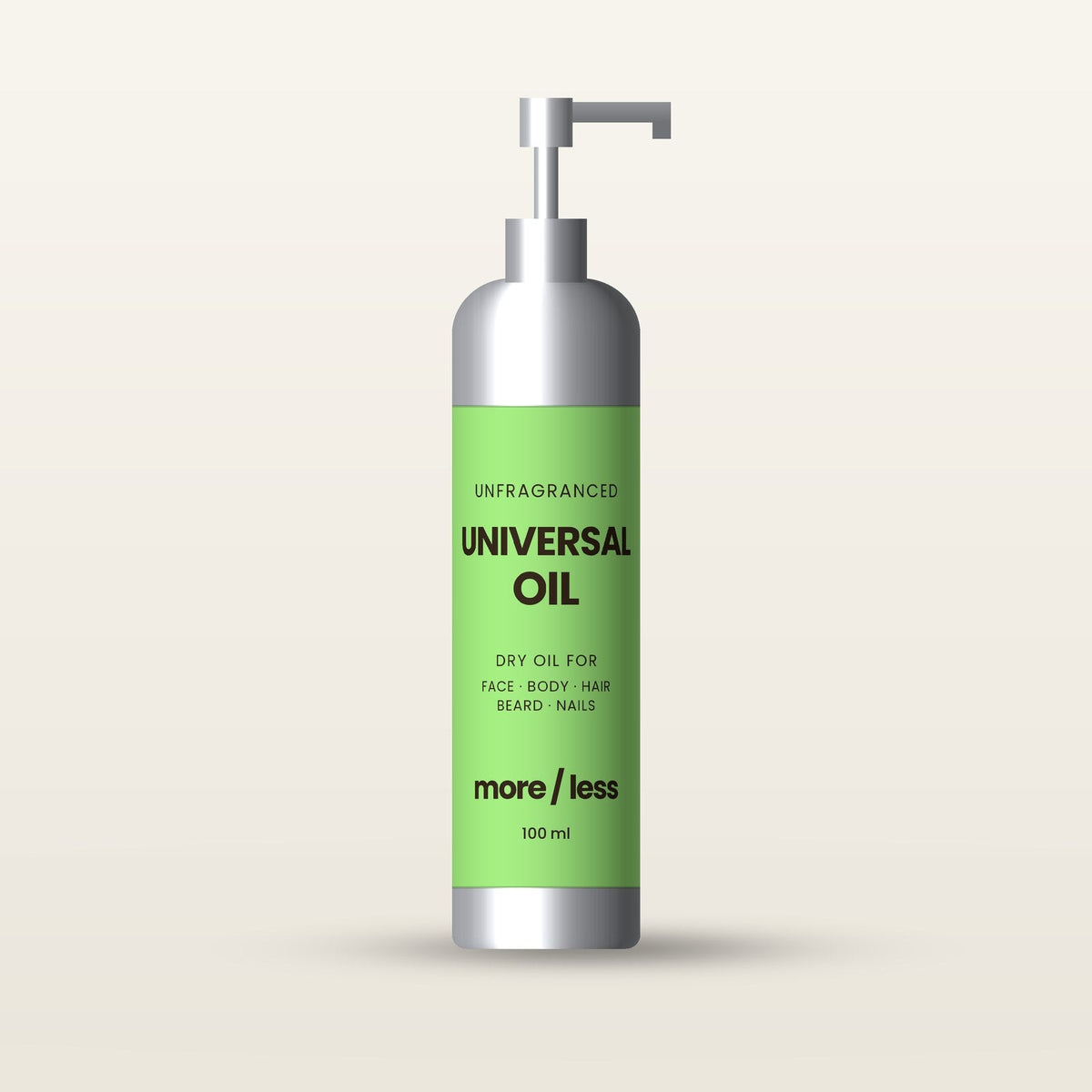 Universal Oil in a 100 ml brushed aluminium bottle with a lime green label